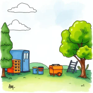 Organized safety training utility tools in a workplace environment with trees and equipment.
