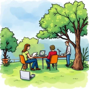 Employees collaborating outdoors on training requirements discussion.