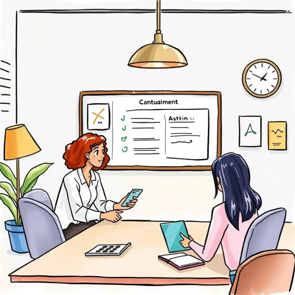 Two HR professionals discussing a training schedule in an office.