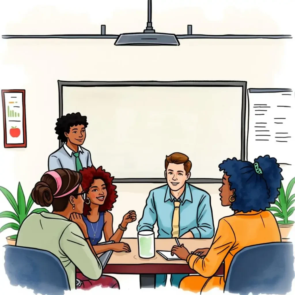 Training evaluation report creator: Generate reports on training effectiveness effortlessly 1 A diverse team collaborates in a meeting to evaluate training effectiveness using a digital tool.