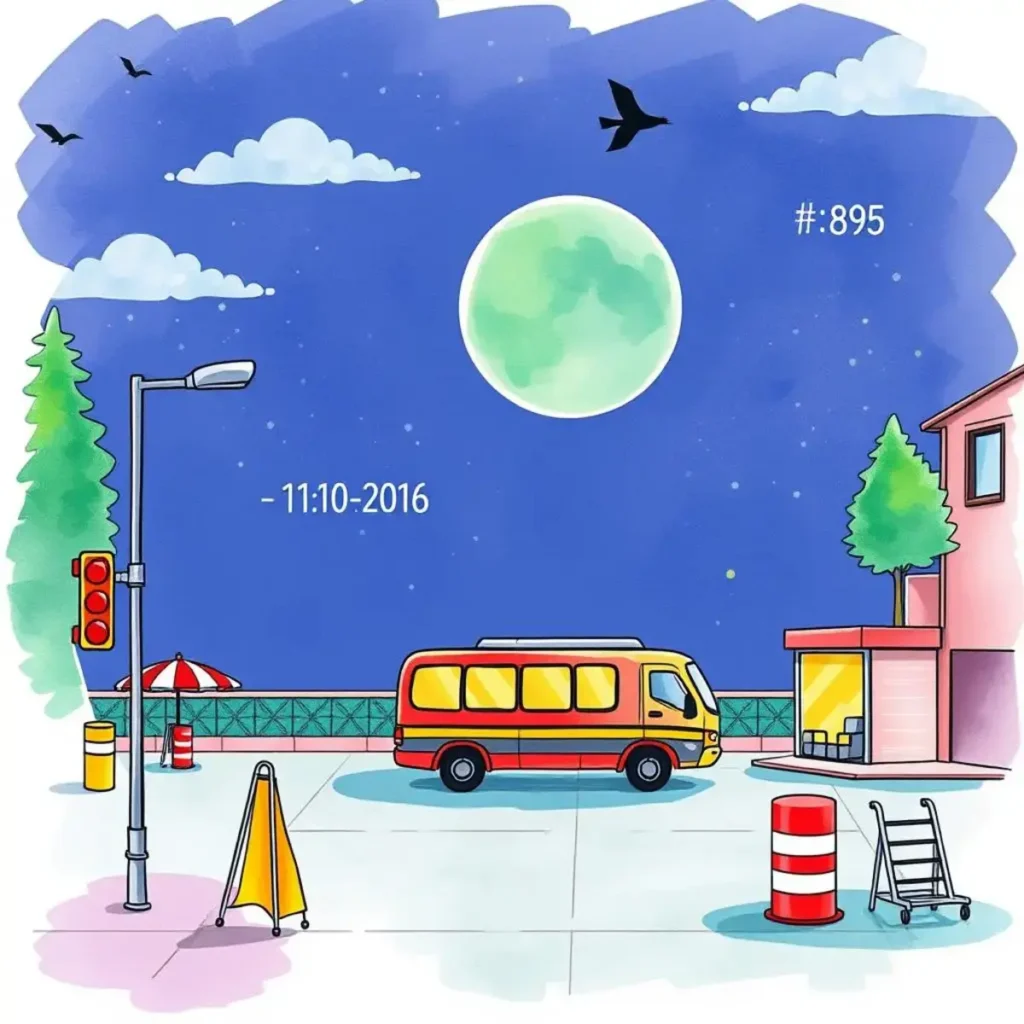 Transit time estimator: Calculate time needed for transport options 1 Illustration of a transit scene featuring a bus and city lights.