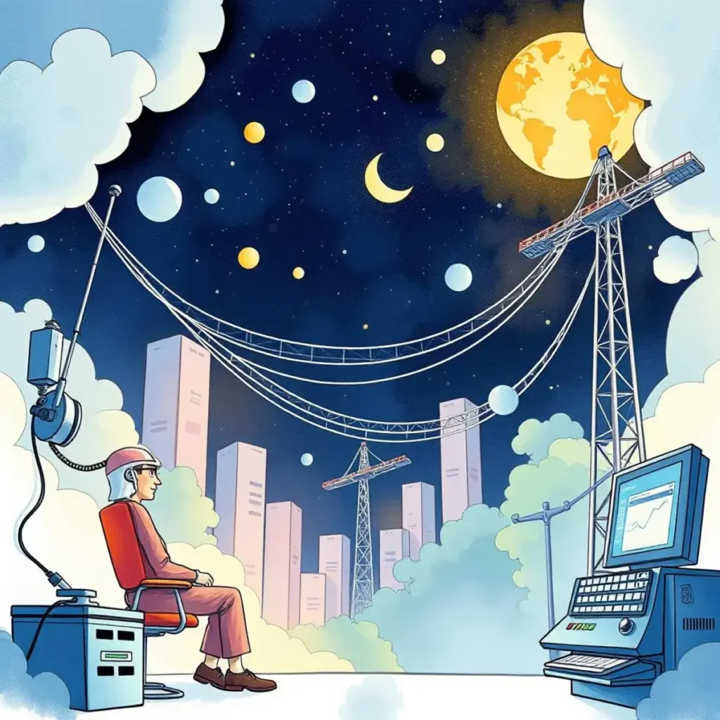 Transmission quality checker: Analyze quality metrics in transmissions 1 Engineer monitoring transmission metrics under a night sky with celestial elements.