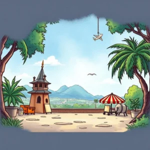 A vibrant illustration of a scenic travel destination with palm trees and a mountain backdrop
