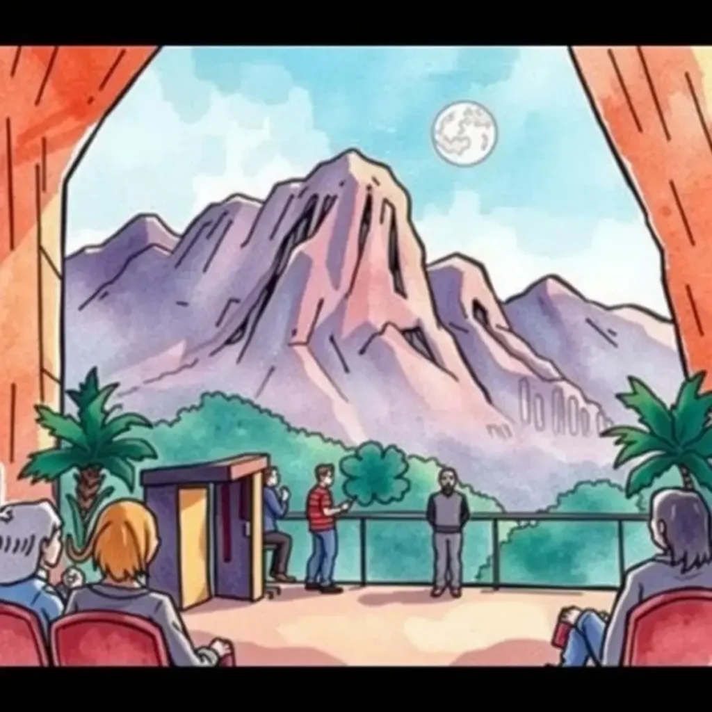 Travel arrangement organizer: Create detailed travel plans for events 1 Event planning scene with speakers in front of mountains backdrop.