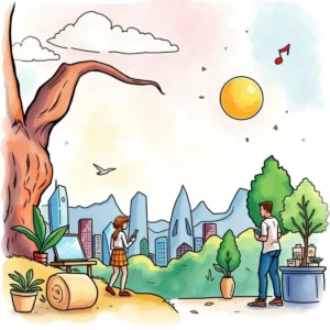 A girl and a man using mobile devices while surrounded by nature and a city skyline in the background.