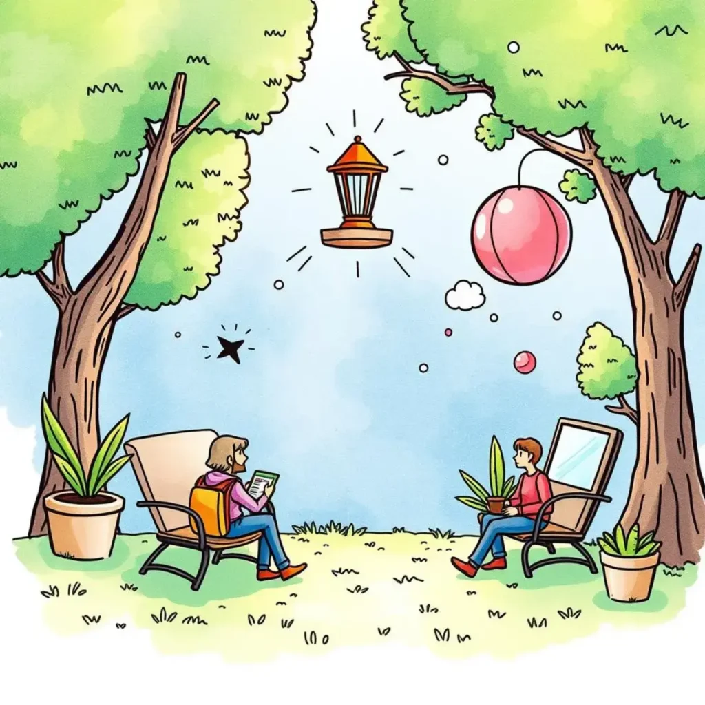 Trend identification tool: Identify social media trends to inform strategy 1 A tranquil scene of two people engaged in thoughtful discussion under trees, embodying creativity and strategy