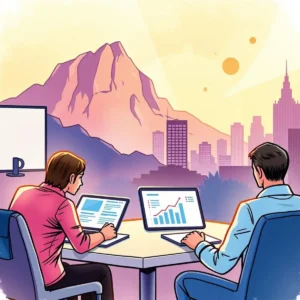 Two professionals analyzing sales data on laptops with a scenic city view.