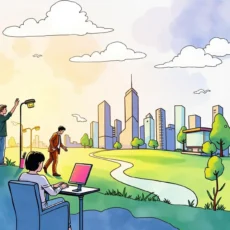 Business professionals analyzing trends in a vibrant urban landscape.