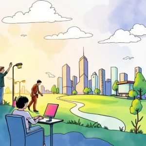 Trend impact evaluator: Assess effects of trends on business strategies 2 Business professionals analyzing trends in a vibrant urban landscape.