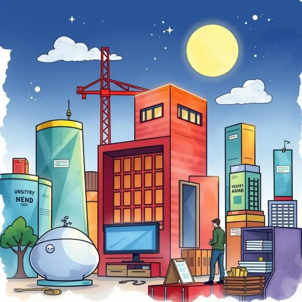 Trend impact evaluator: Assess potential impacts of identified trends 1 Colorful cityscape illustrating industry trends and market analysis tools.