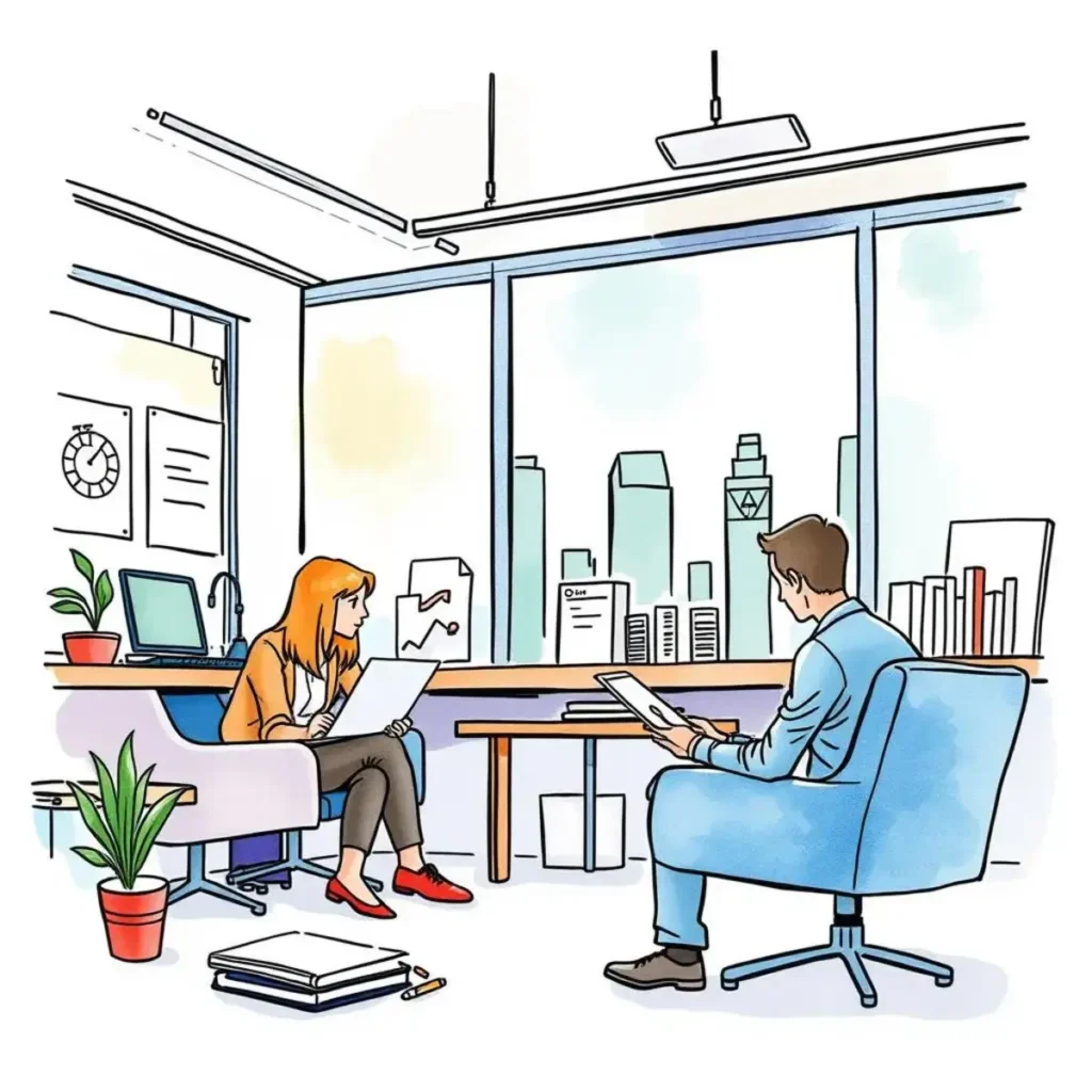 Trend monitor tool: Analyze and summarize industry shifts 1 Two professionals discussing industry trends in a modern office setting.