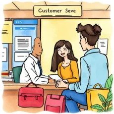 People discussing travel expenses at a customer service desk.