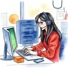 A customer support technician using a computer headset to assist with troubleshooting tasks.