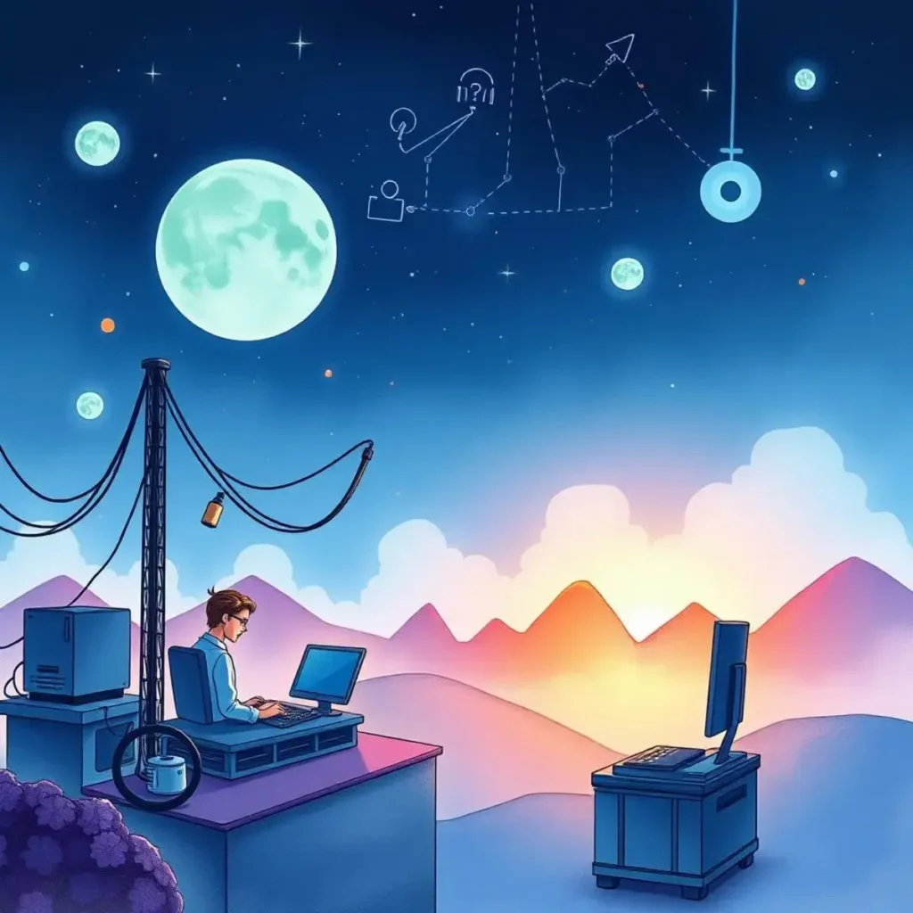 Troubleshooting guide creator: Develop step-by-step troubleshooting guides 1 A technical support specialist working on a laptop under a night sky filled with stars and planets