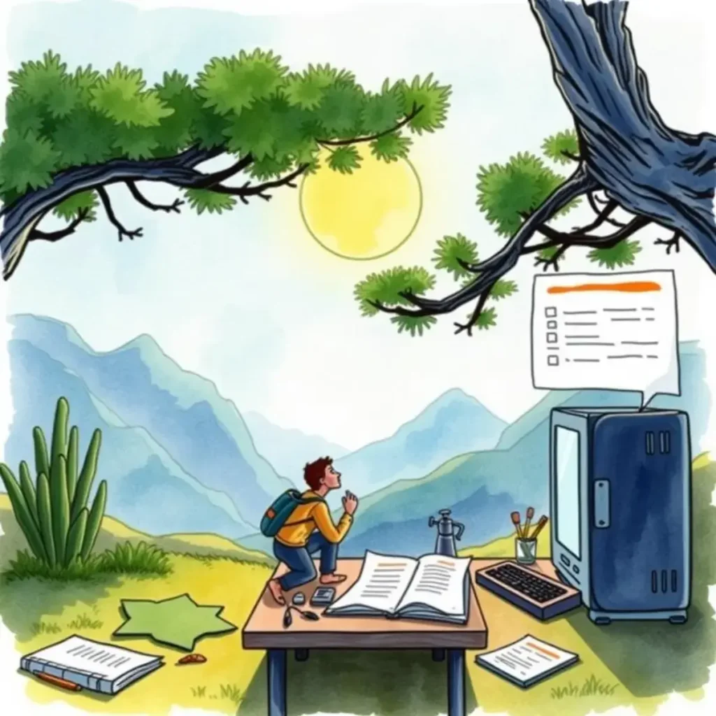 Automated test outline generator: Create test outlines for better organization 1 Person creating test outlines on a desk in a scenic landscape.