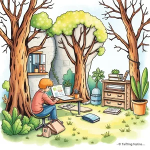 A person using a laptop in a nature-inspired workspace for testing documentation.