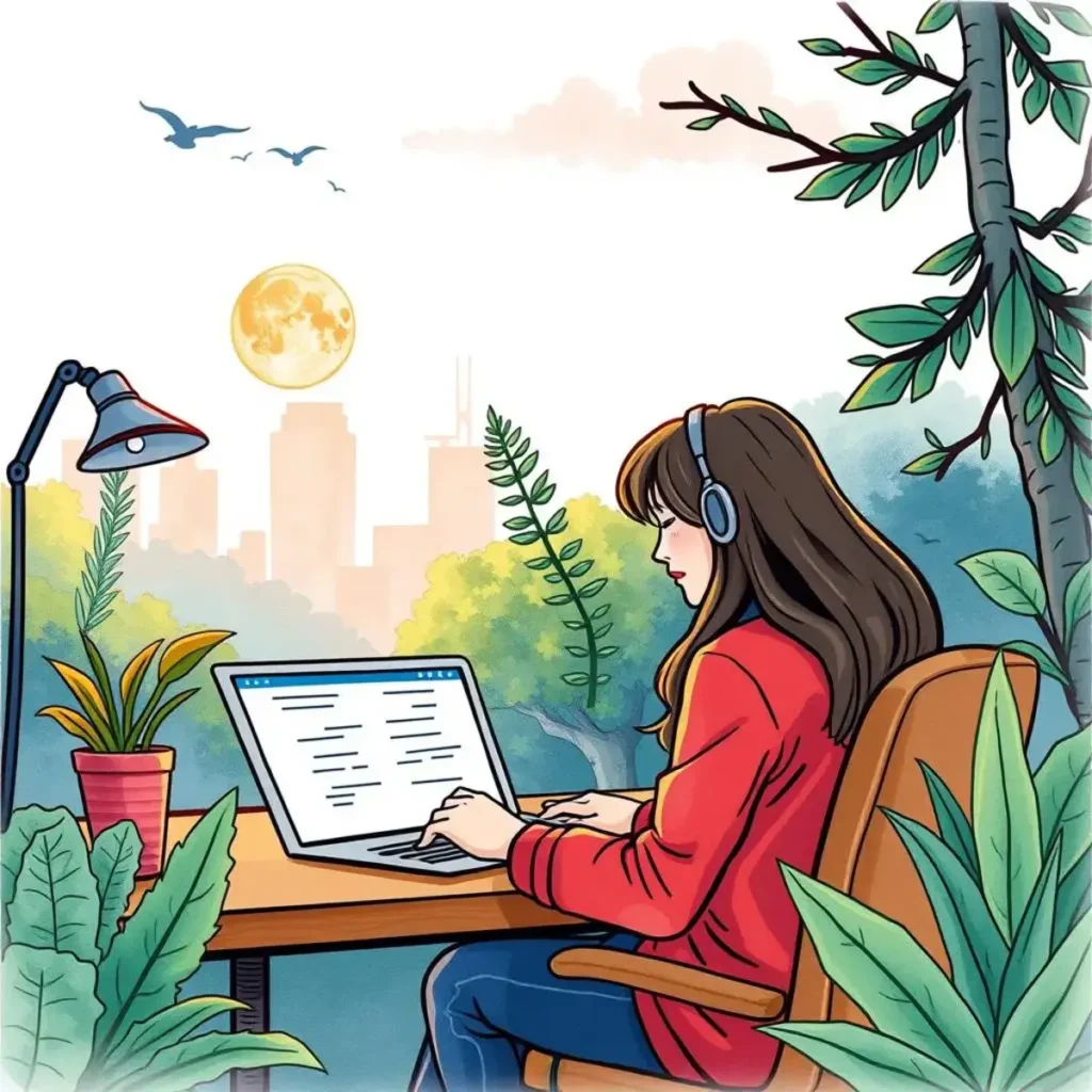 A woman in headphones works on a laptop amidst plants and a city skyline.