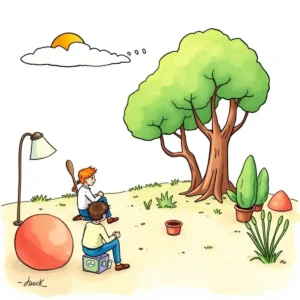 Two individuals sit discussing usability feedback in a serene garden setting.