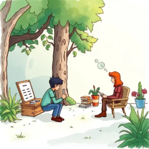 Two characters discuss usability test findings in a serene outdoor setting.