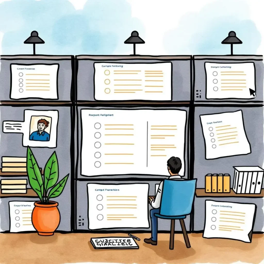 Feedback findings formatter: Organize feedback into readable summaries 1 A person organizing usability testing feedback on a wall filled with summary sheets and notes.