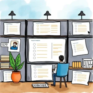 A person organizing usability testing feedback on a wall filled with summary sheets and notes.