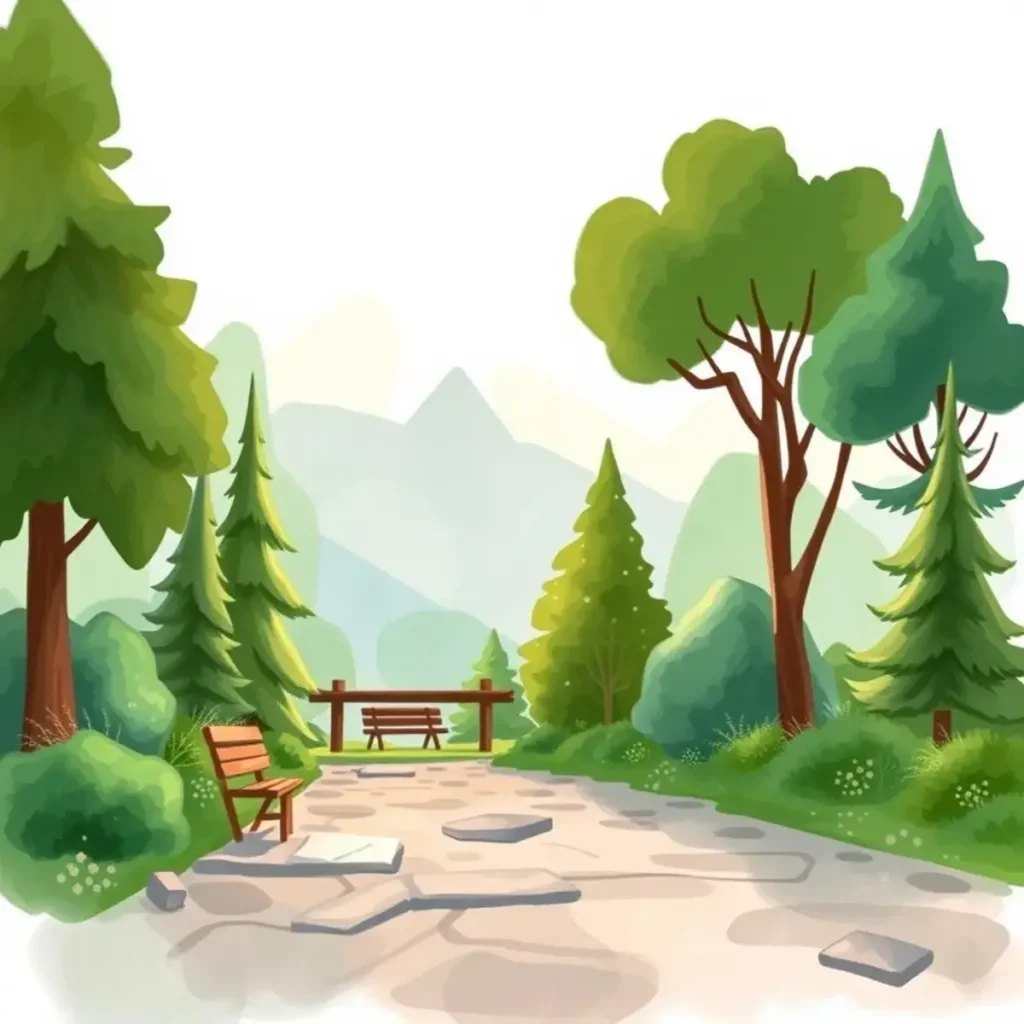 Performance summary generator: Create concise performance summaries for tests 1 A serene pathway through a lush forest landscape with benches.