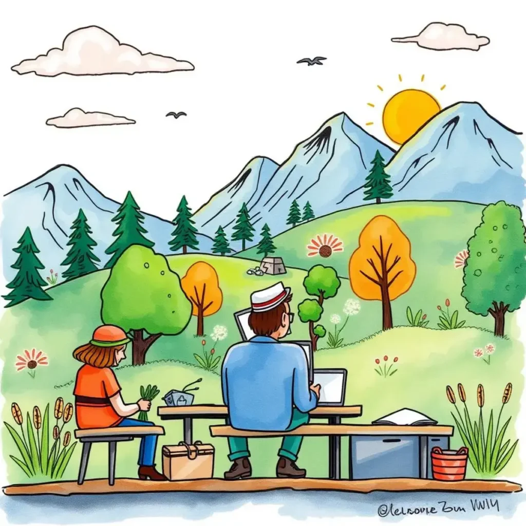 Usability data narrator: Transform data insights into compelling narratives 1 A person using a laptop outdoors while another writes on a notepad, surrounded by nature.