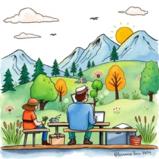 A person using a laptop outdoors while another writes on a notepad, surrounded by nature.
