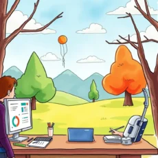 A person analyzing data on a computer with nature in the background and a desk with stationery.