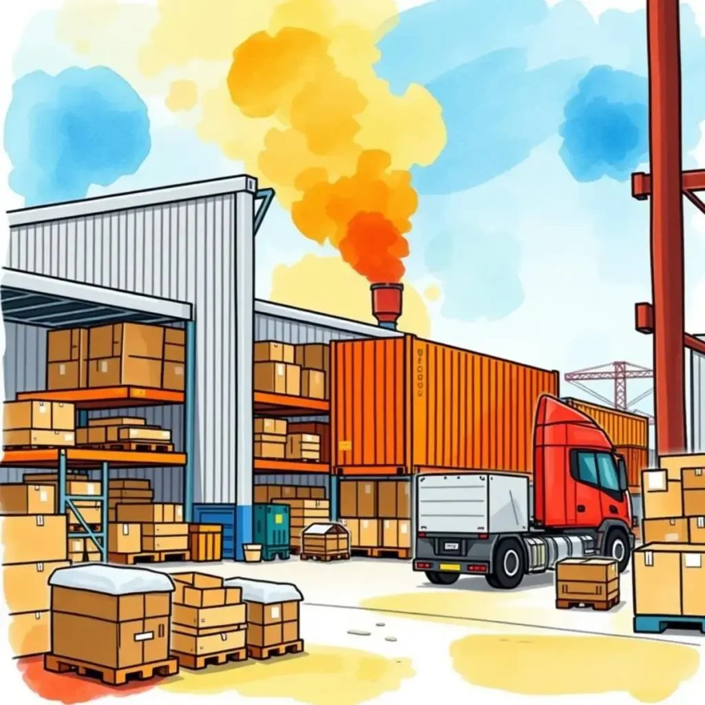 Usage report generator: Create usage reports for equipment in logistics 1 Logistics warehouse scene with equipment and shipping containers.