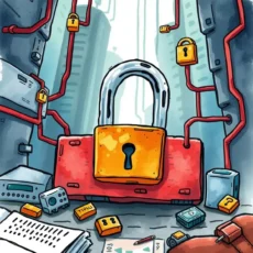 A colorful padlock surrounded by various encryption symbols and tools in a digital setting