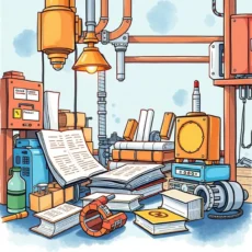 Open workspace with various technical documents, tools, and manuals for user handbook composition