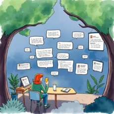User engaging with user-generated feedback on insights using a digital tool in a serene setting