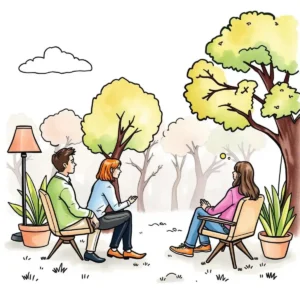 Users discussing insights gathered from interviews in a serene outdoor setting.