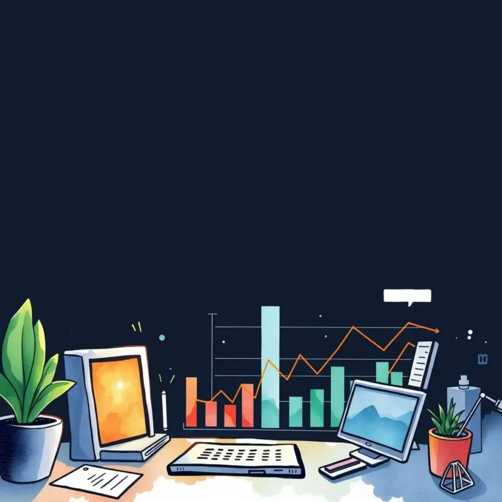 A colorful desk scene featuring multiple screens and plant life, visualizing data analytics processes