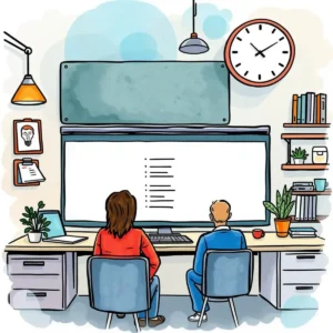 People collaborating at a desk, focused on a large screen displaying text lists for training purposes