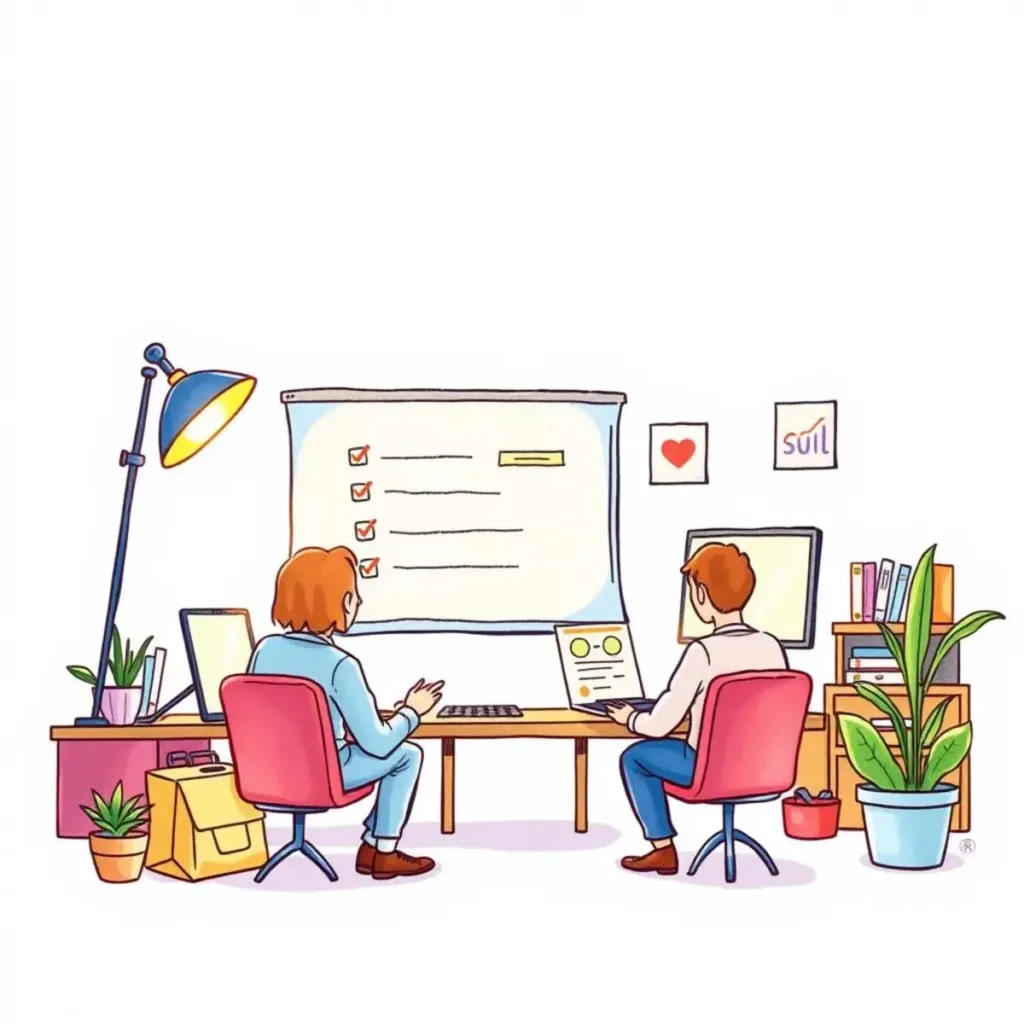 Faq assistant for training: Generate common questions and answers for training 1 Two professionals collaborating on user training materials in an office setting.