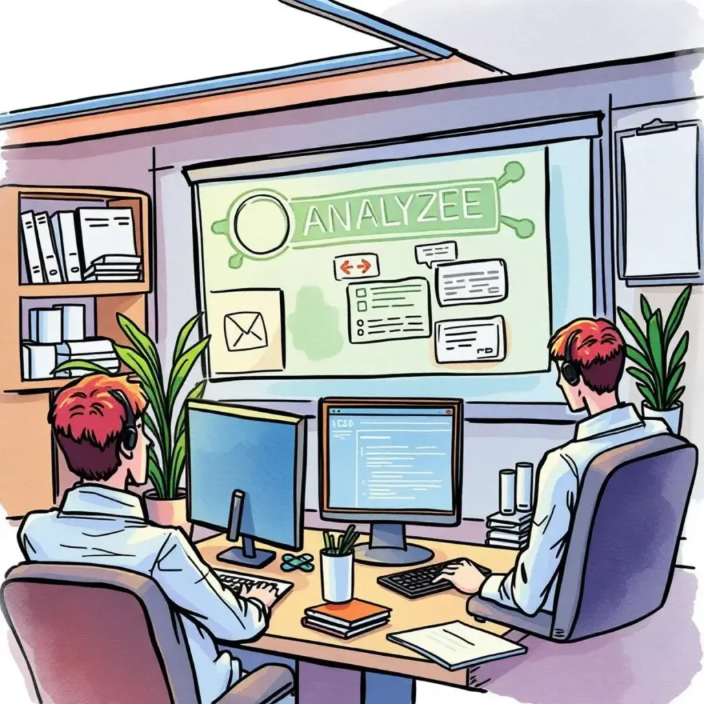 Feedback insight generator: Analyze customer feedback for training improvement 1 Professionals utilizing a feedback analysis tool in a customer support setting.