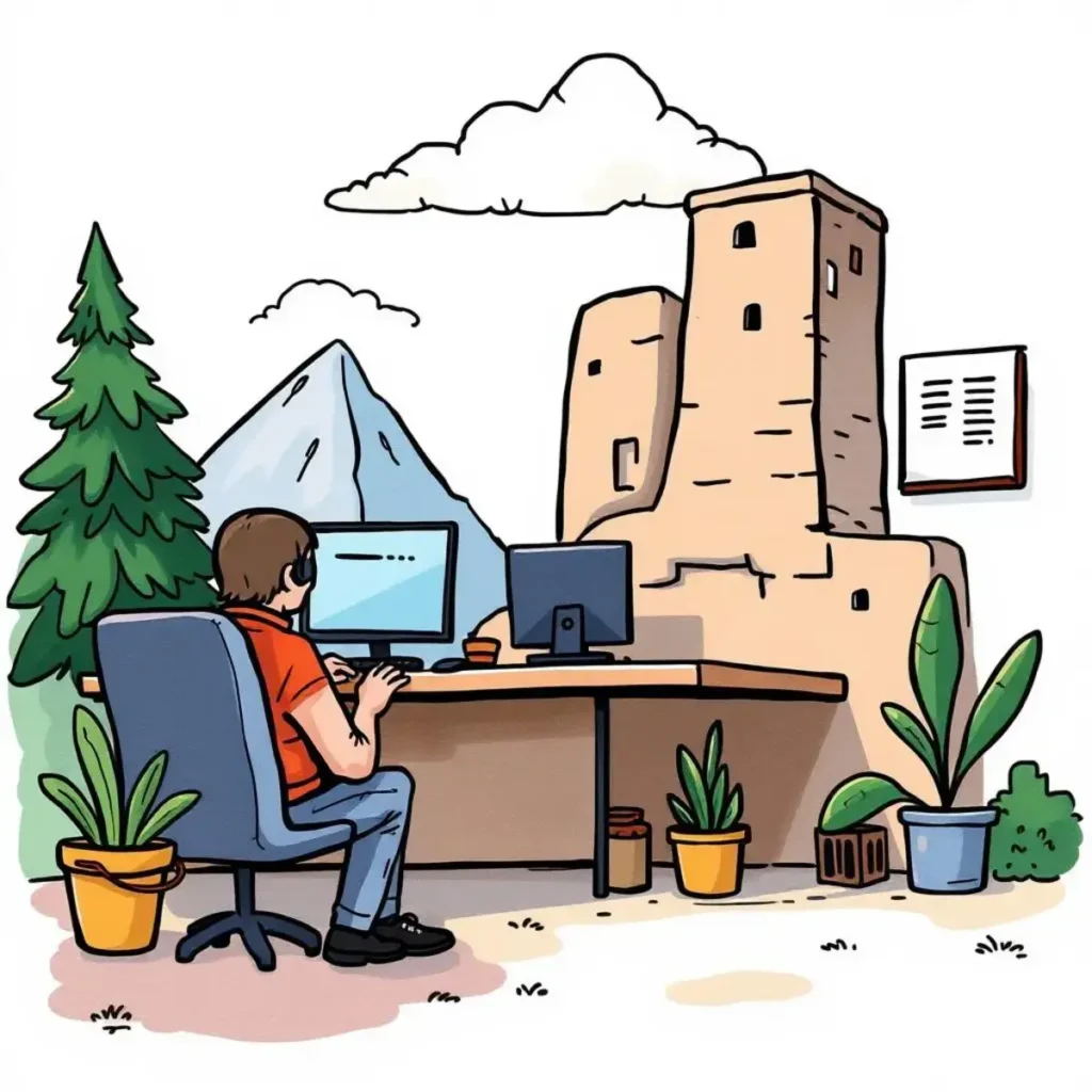 Guideline synthesizer: Develop training guidelines based on provided topics 1 A person uses a computer in an outdoor workspace with mountains and ancient ruins in the background.
