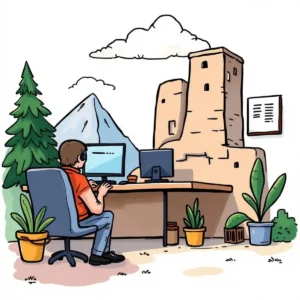 A person uses a computer in an outdoor workspace with mountains and ancient ruins in the background.