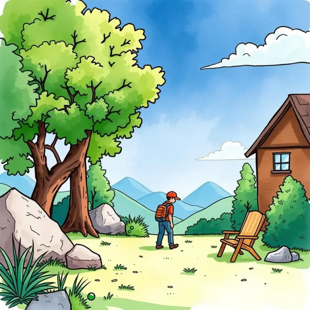 Learning module builder: Assemble training modules using custom text entries 1 A training specialist exploring a scenic outdoor learning environment.