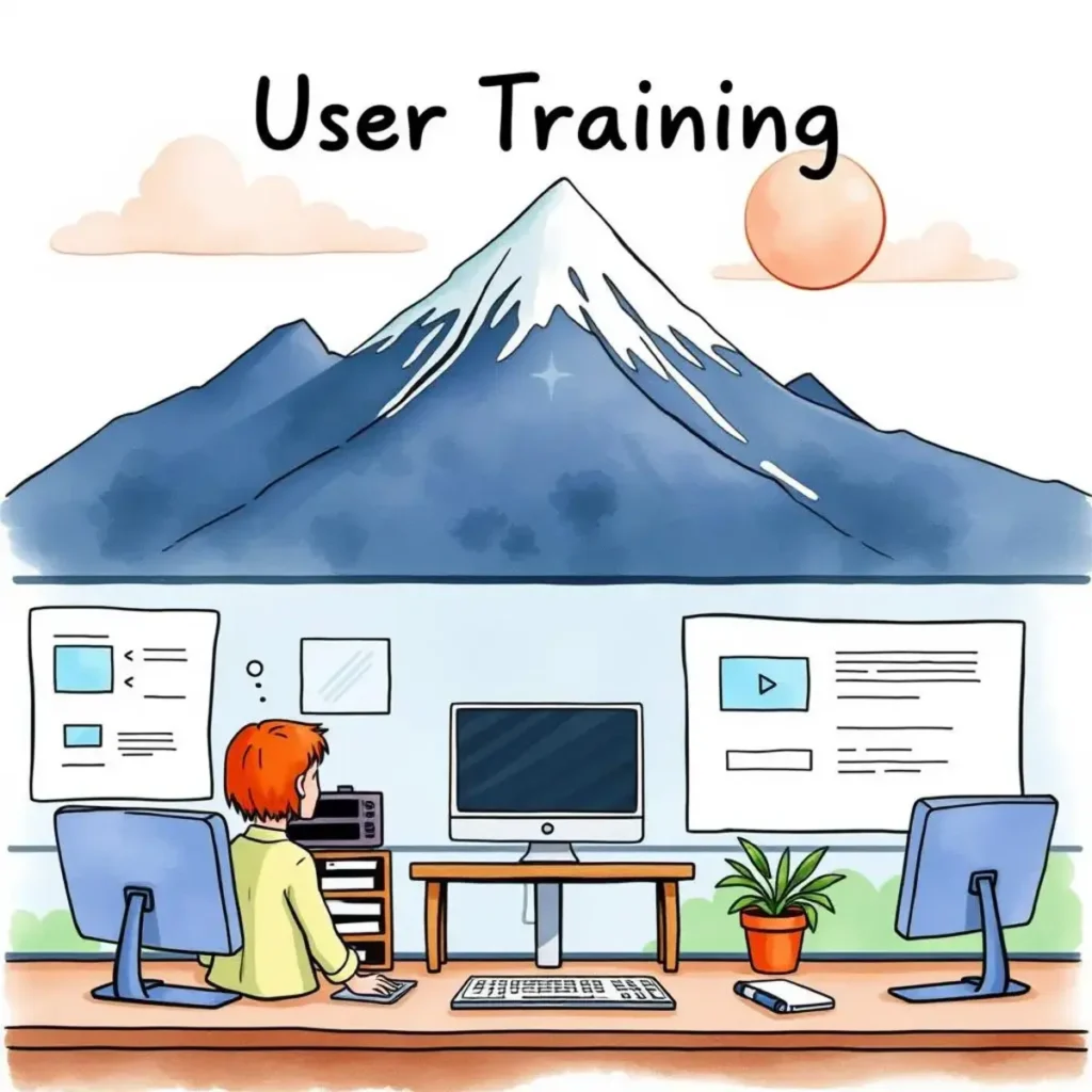 Person sitting at a desk creating user training presentation slides.