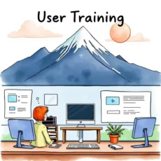 Person sitting at a desk creating user training presentation slides.