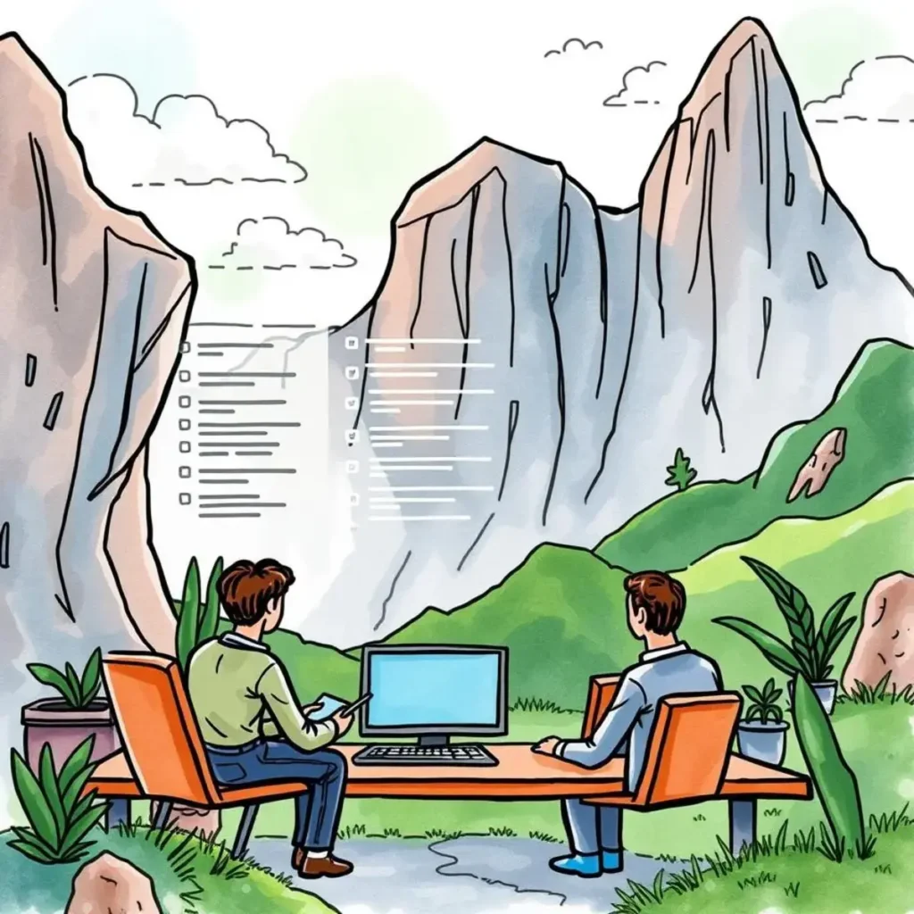 Quick reference guide generator: Create easy-to-follow reference guides from text input 1 Two professionals create a reference guide in a scenic setting.