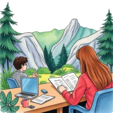 Professionals reviewing training materials in a serene outdoor setting.