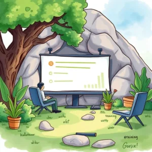 User training resource refiner: Enhance training resources for user comprehension 4 Outdoor training session with a presenter and large display screen.
