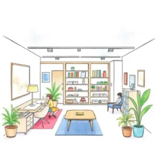 A modern office space with a desk, bookshelves, and people engaging in utilization analysis.