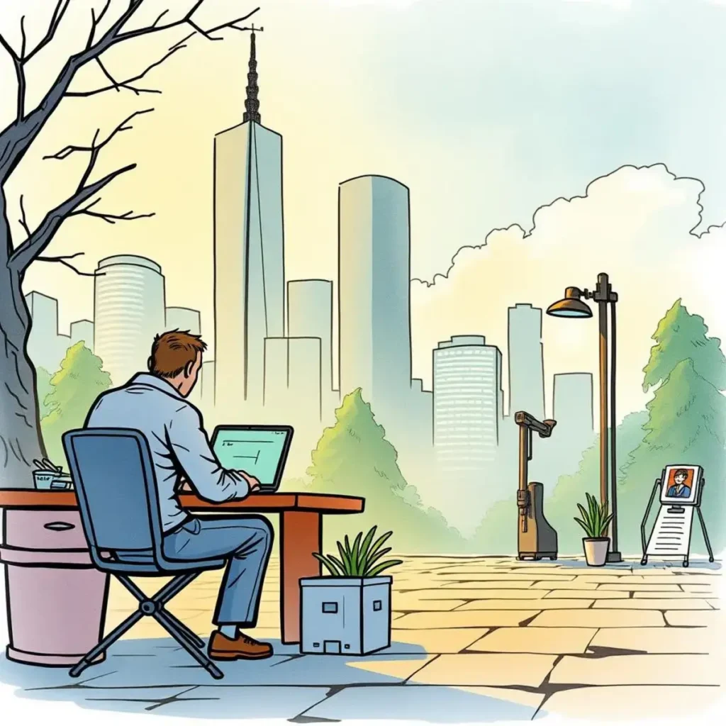 Vacancy text updater: Quickly revise current job listings 1 A professional reviewing job listings with a city skyline backdrop.