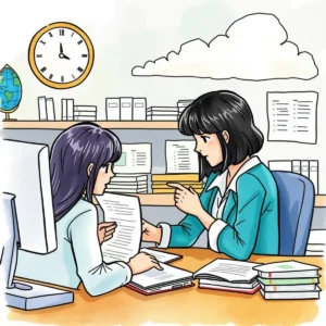 Validation confirmation tool: Confirms data validity before final approvals 3 Two professionals discussing documents in a finance office setting.