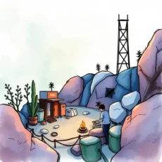 A person analyzing data in a remote, rugged outdoor setting.